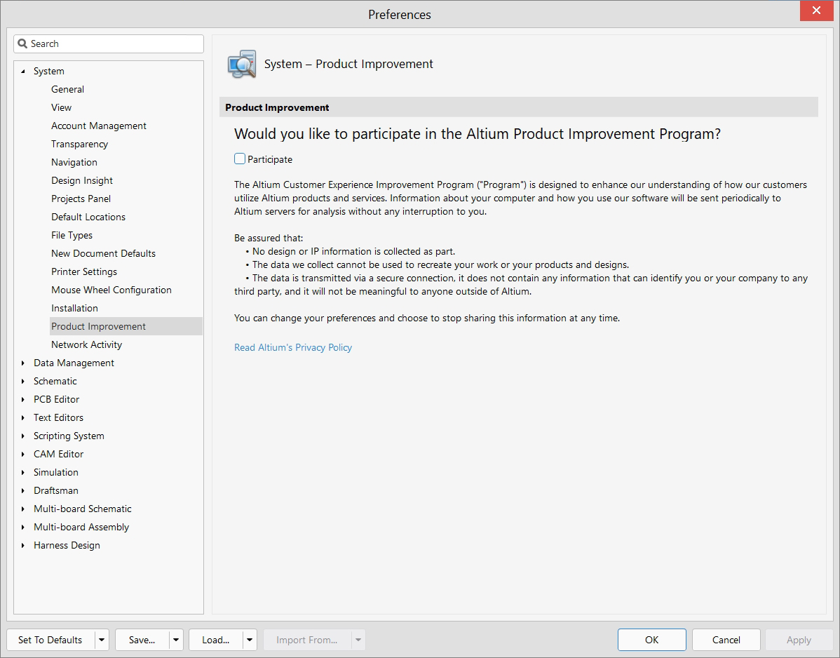 System - Preferences - Product improvement